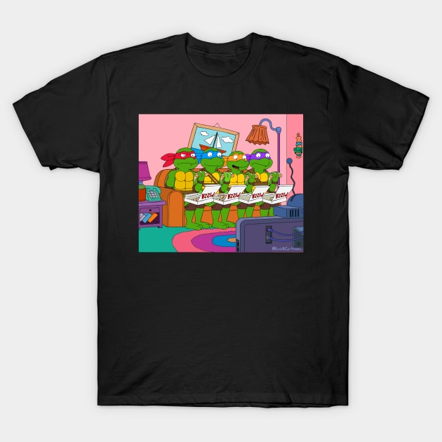 4 Green Brothers Eating Pizza on a Couch T-Shirt by LuieBCartoons